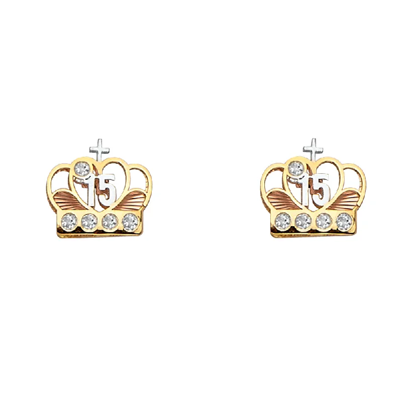 Fashion Gold Earrings For Stylish Women-14K Sweet 15 Quincenera CZ Earrings