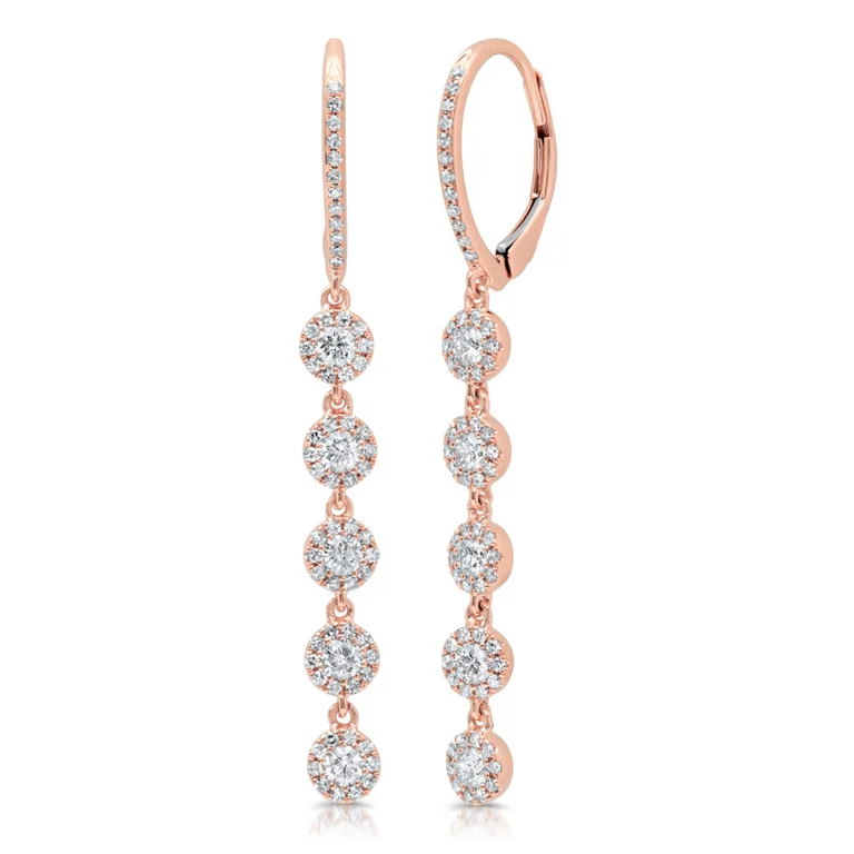 Trendy Square Earrings For Bold Looks-14K Rose Gold Diamond Halo Dangle Earrings