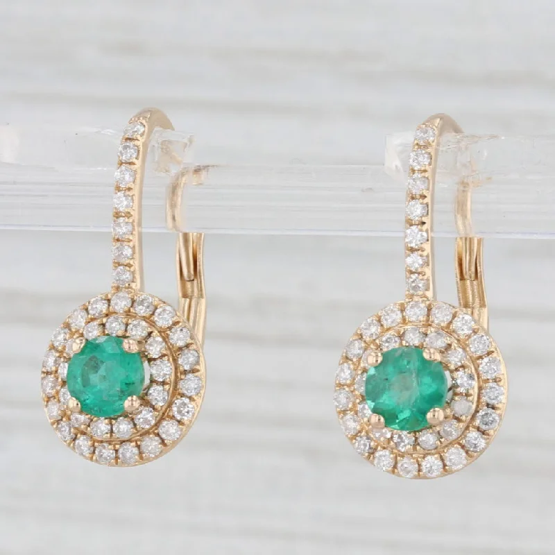 Hoop Earrings For Fashion Enthusiasts-1.32ctw Emerald Diamond Halo Drop Earrings 14k Yellow Gold Lever Backs