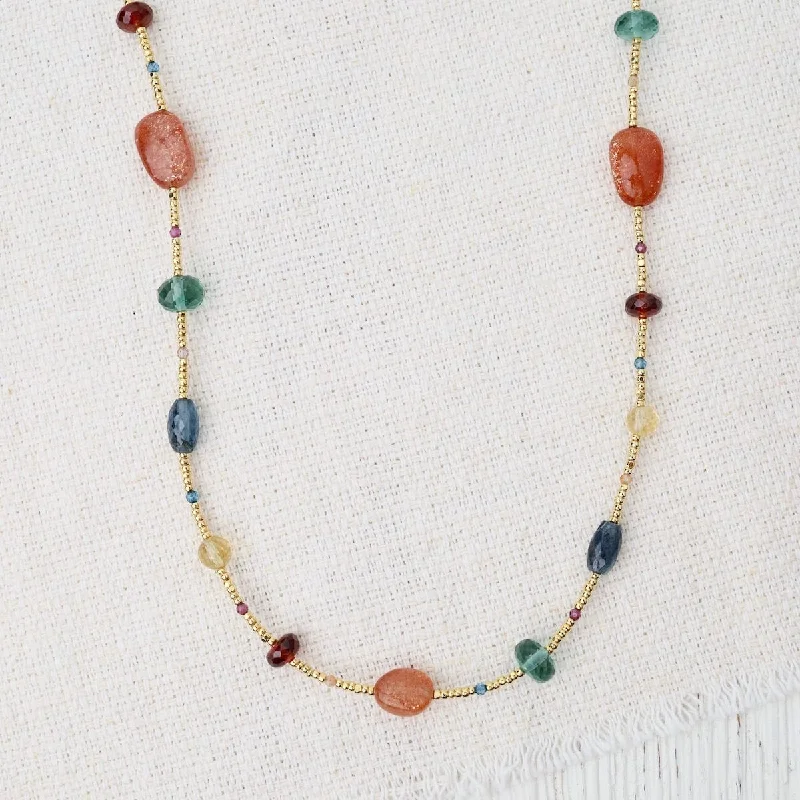 Long Chain Necklaces For Trendy Style-Gold Glass, Quartz, Garnet, Sunstone Mix Necklace