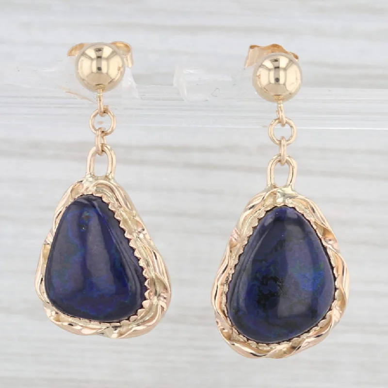 Trendy Resin Drop Earrings For Fashion Lovers-Blue Azurite Dangle Earrings 14k Yellow Gold Artisan Signed