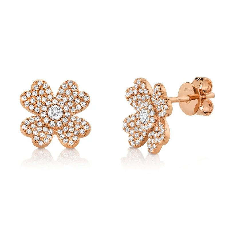 Sterling Silver Earrings For Sensitive Ears-14K Rose Gold Diamond Clover Stud Earrings