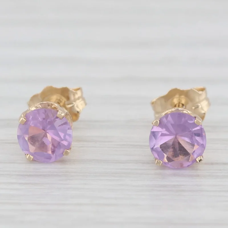 Chic Boho Earrings For Festivals-0.90ctw Round Amethyst Solitaire Stud Earrings 14k Yellow Gold