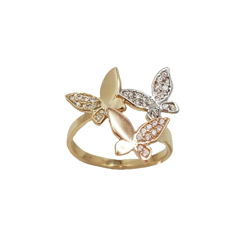 Simple Band Rings For Everyday Style-Zirconia Tricolor Butterfly Ring (14K)