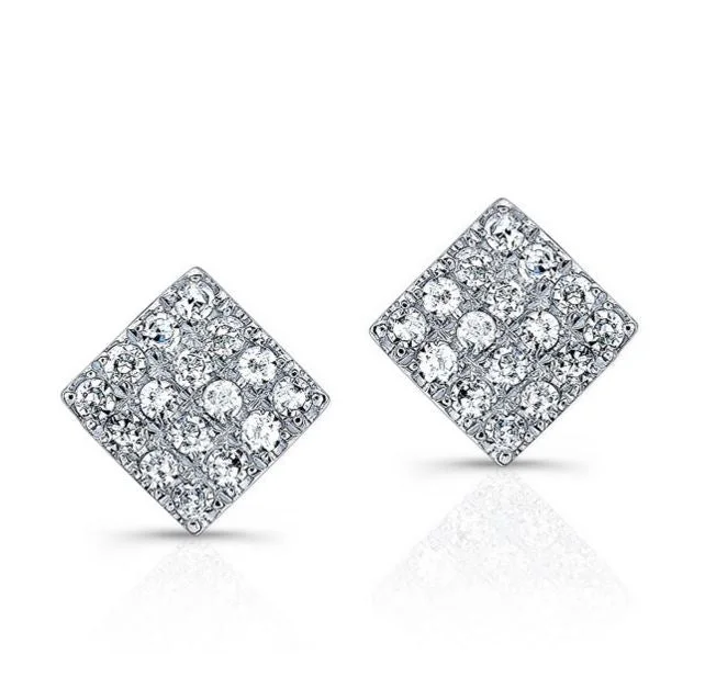 Elegant Drop Earrings For Formal Wear-14K White Gold Diamond Pave Mini Square Earrings