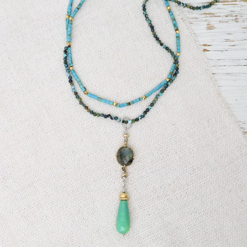 Trendy Bead Chain Necklaces For Fashionistas-Labradorite and Chalcedony Pendant on Long Turquoise Necklace