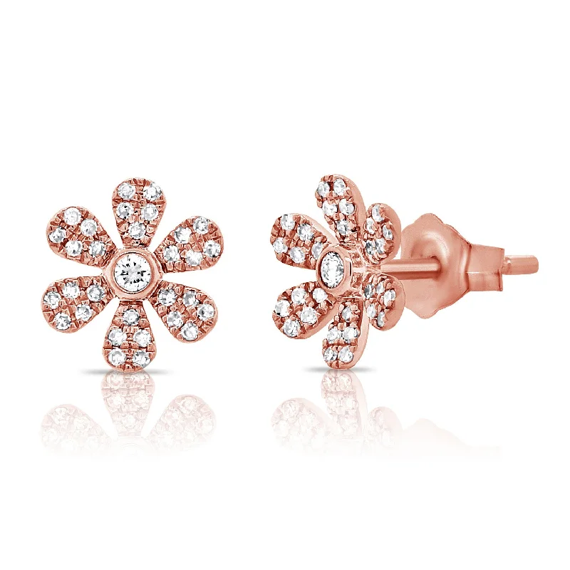 Hoop Earrings For Fashion Enthusiasts-14K Rose Gold Diamond Flower Earrings