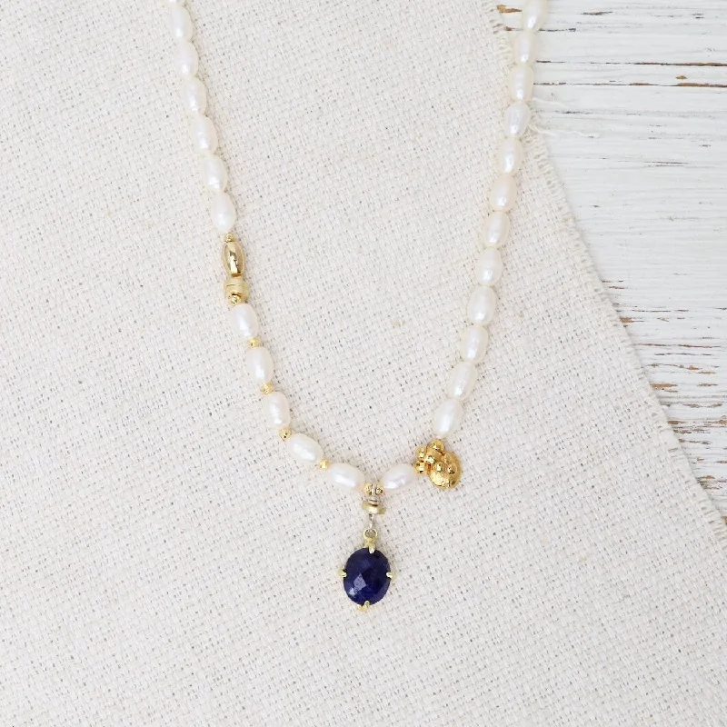 Elegant Gold Bead Necklaces For Bridesmaids-White Pearl with Lapis Necklace