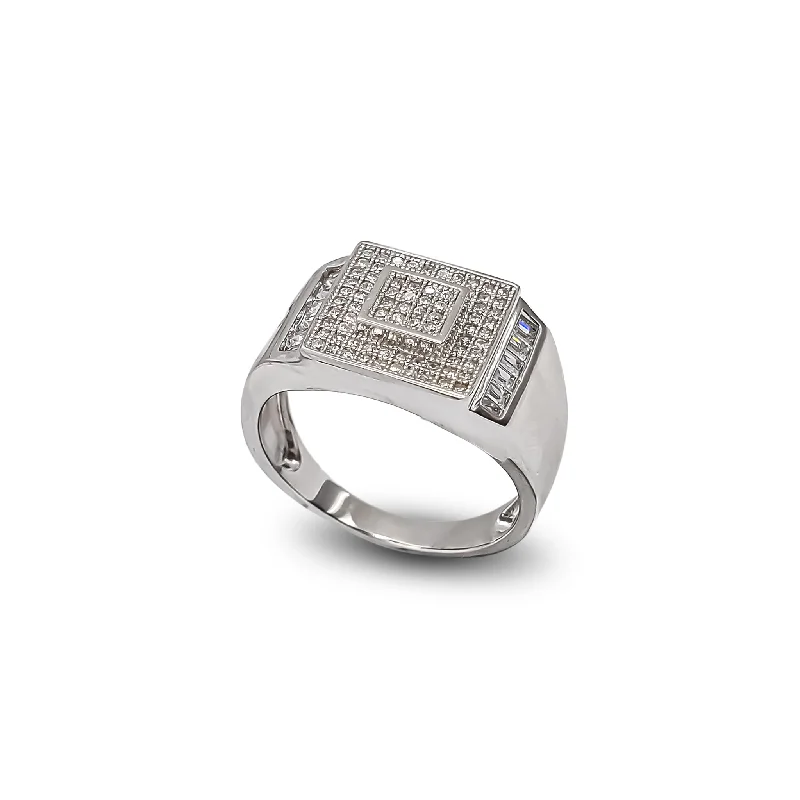 Vintage Wedding Rings For Retro Brides-Zirconia Square Bezel & Baguettes Men's Ring (Silver)