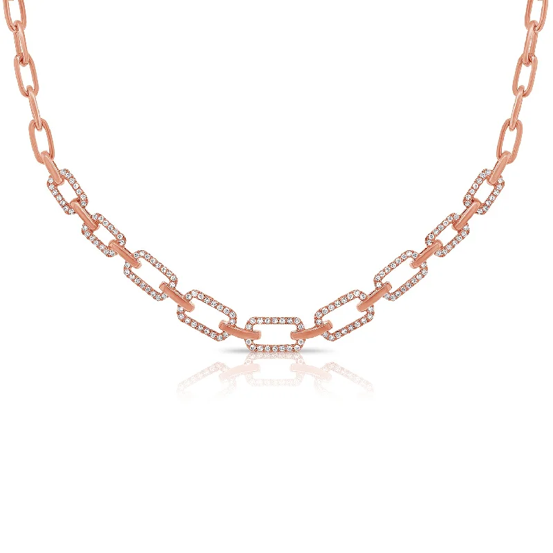 Stunning Long Earrings For Evening Parties-14K Rose Gold Diamond Link Necklace