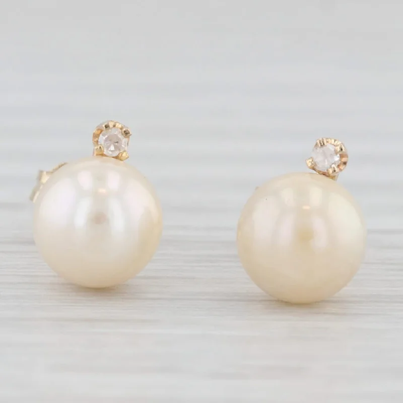 Hoop Earrings For Fashion Enthusiasts-Cultured Pearl Diamond Stud Earrings 10k Yellow Gold