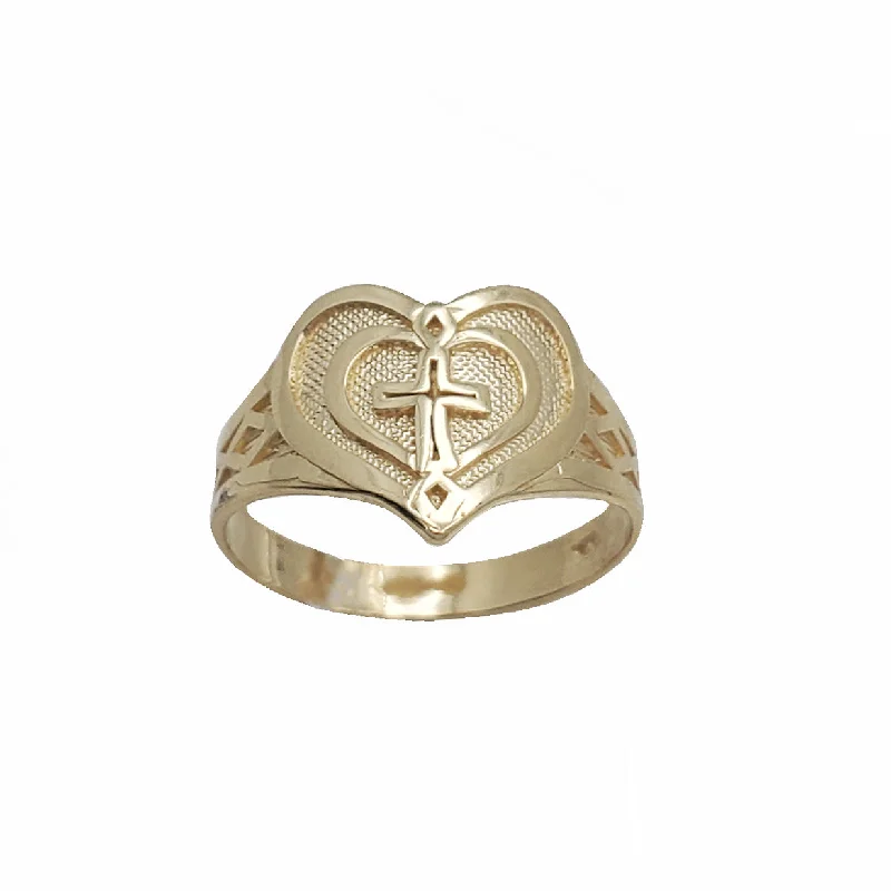 Bold Titanium Rings For Men’s Fashion-Heart With Cross Ring (14K)