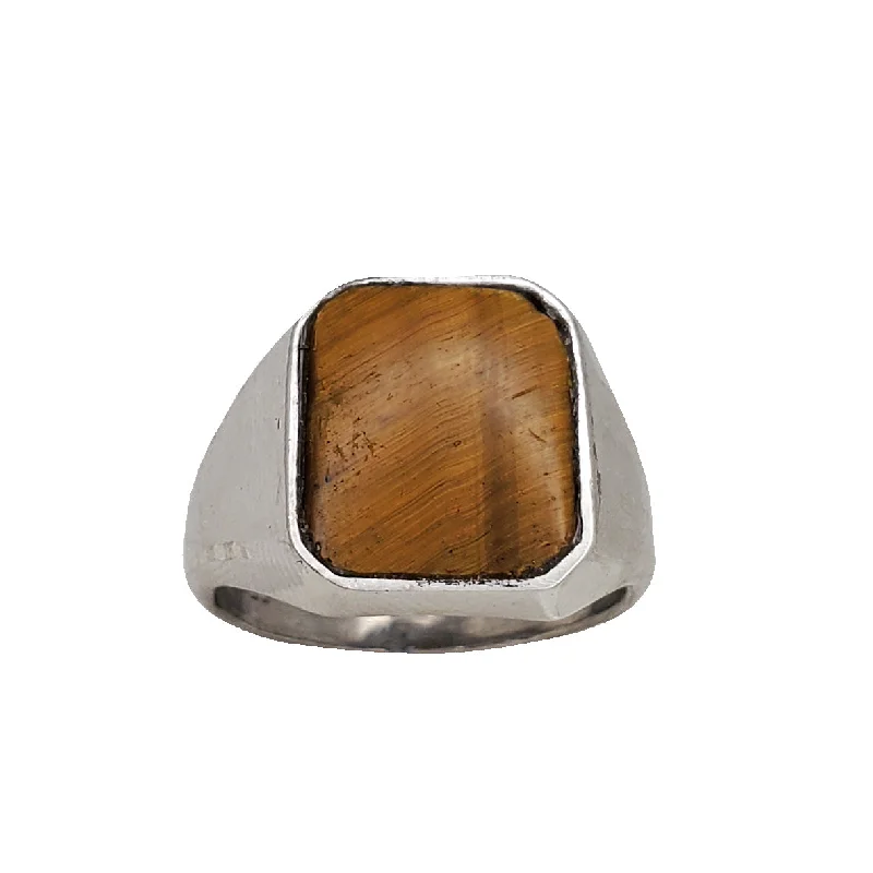 Diamond Rings For Engagement-Square Signet Tiger-Eye Ring (Silver)