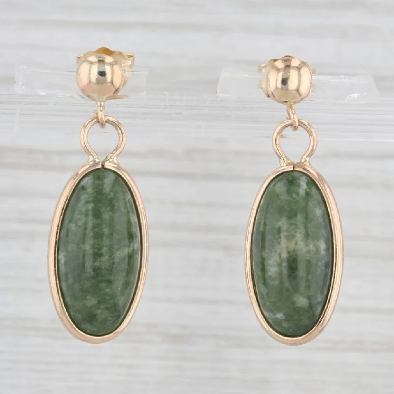 Statement Hoop Earrings For Casual Wear-Green Marbled Serpentine Oval Cabochon Drop Earrings 14k Yellow Gold