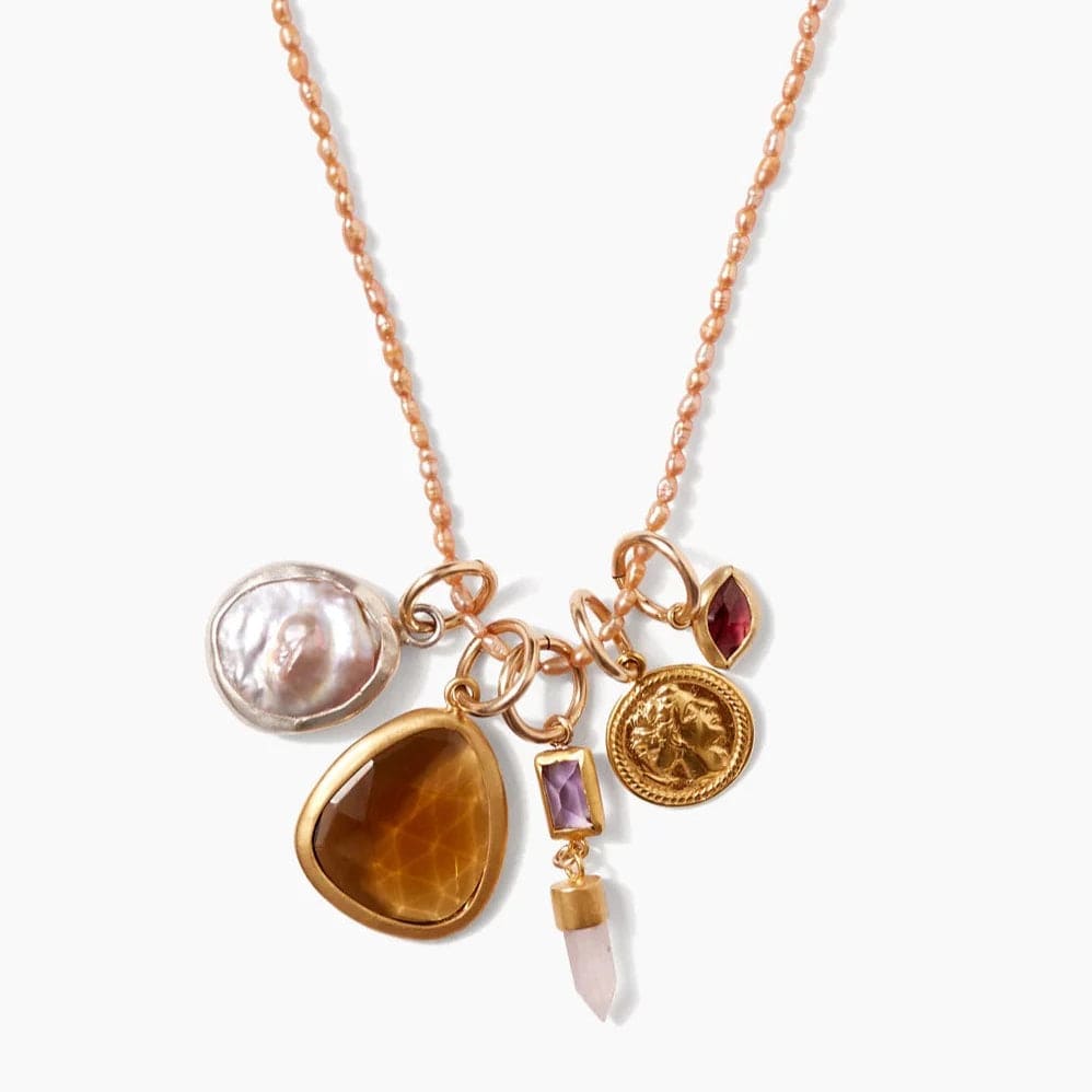 Statement Moon Necklaces For Bold Fashion-Hypatia Charm Necklace - Champagne Pearl Mix