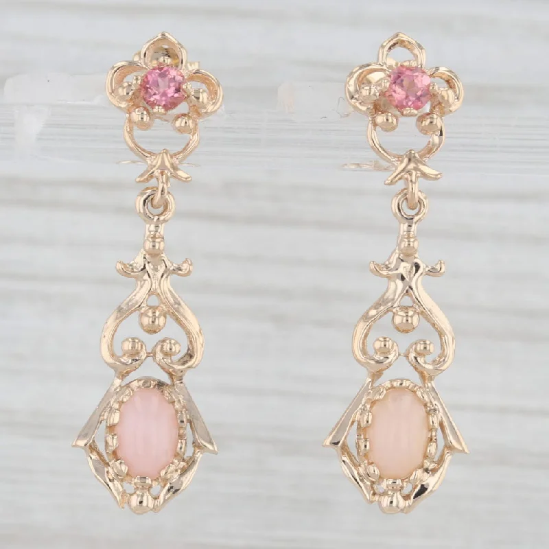 Colorful Gemstone Earrings For Fun Fashion-0.24ctw Pink Tourmaline Opal Floral Dangle Earrings 14k Yellow Gold