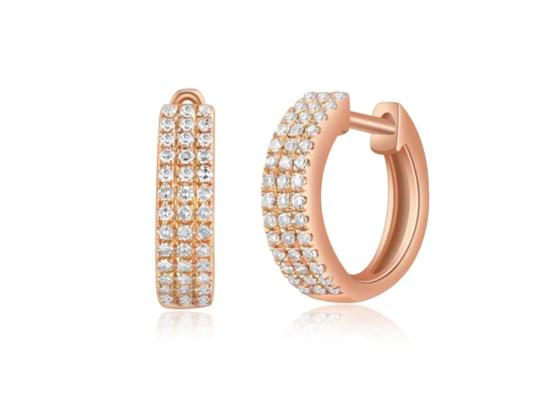 Trendy Gold Earrings For Women’s Fashion-14K Rose Gold Diamond Triple Row Huggie Earrings