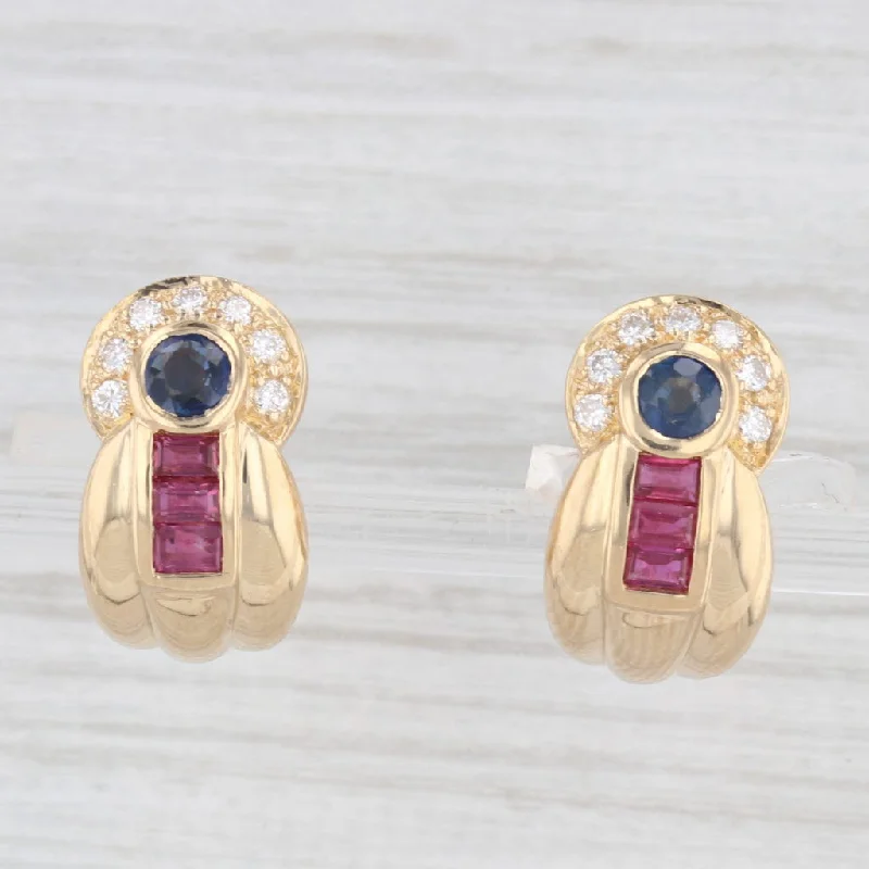 Beautiful Gold Earrings For Weddings-1.72ctw Sapphire Ruby Diamond J-Hook Earrings 18k Yellow Gold Omega Backs