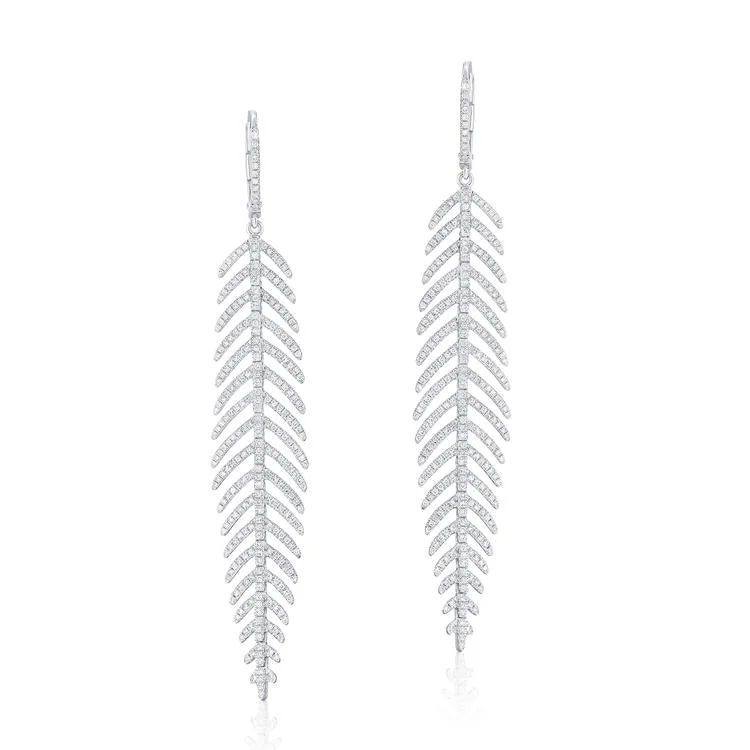 Statement Hoop Earrings For Casual Wear-14K White Gold Diamond Dangle Feather Earrings