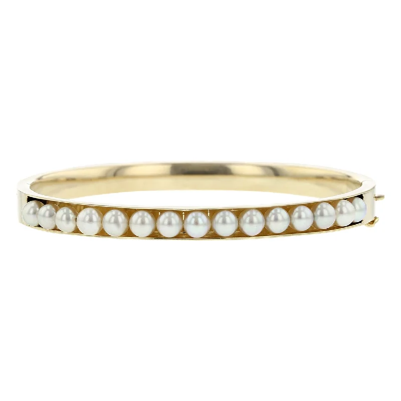 Bangles With Layered Design-14K Yellow Gold Cultured Pearl Bangle Bracelet