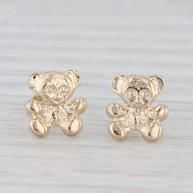 Silver Hoop Earrings For Simple Glam-Small Teddy Bear Stud Earrings 14k Yellow Gold