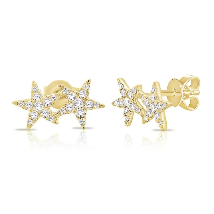 Elegant Swarovski Earrings For Evening Wear-14K Yellow Diamond Double Star Earrings