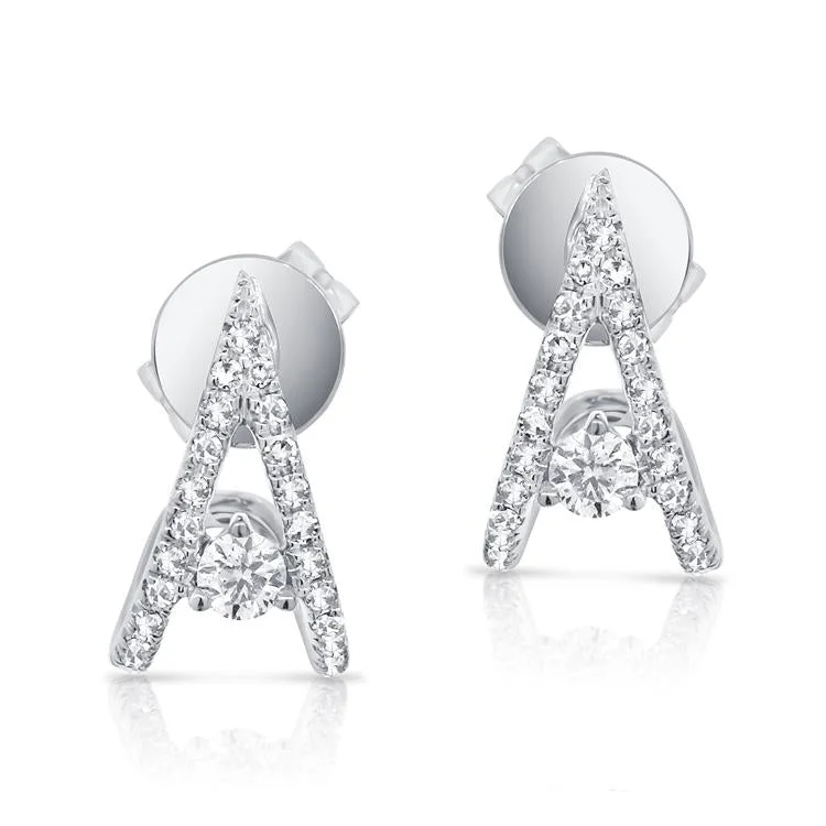 Silver Dangle Earrings For Evening Wear-14K White Gold Diamond "V" Style Huggie Earring