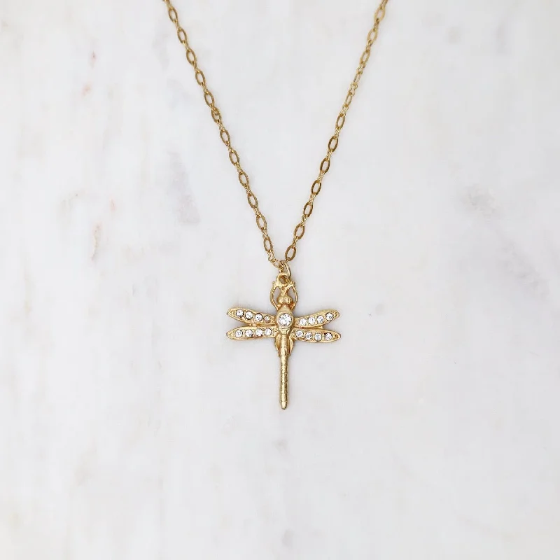 Unique Gold Necklace For Wedding Jewelry-Clear Crystal Dragonfly Necklace