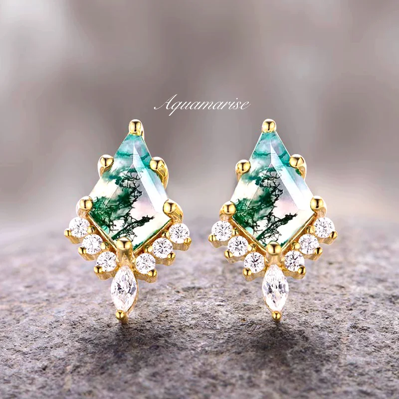 Creative Earrings For Artistic Expression-Skye Kite™  Kite Green Moss Agate Stud Earrings- 14K Yellow Gold Vermeil