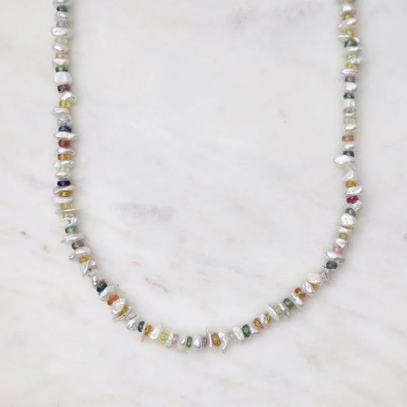 Elegant Diamond Chain Necklaces For Glamorous Fashion-White Pearl & Multi-Color Sapphire Necklace