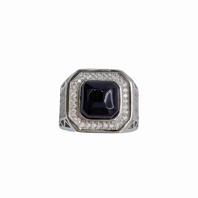 Custom Men’s Wedding Bands For Bold Style-Black Onyx Square Ring (Silver)