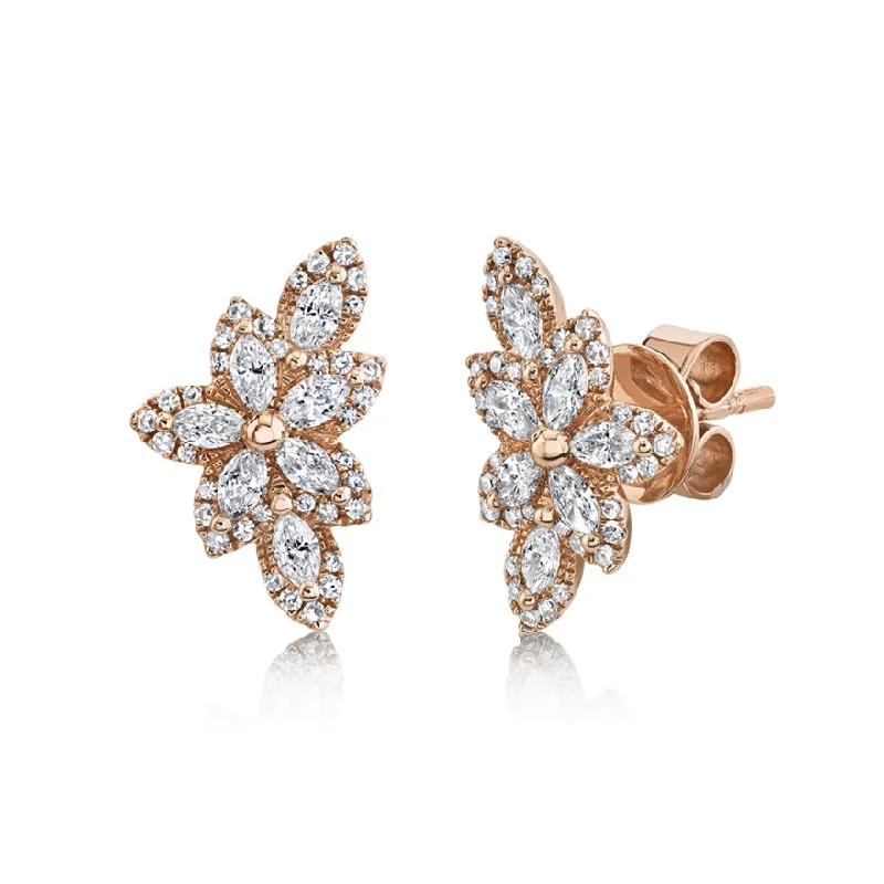 Sparkling Diamond Earrings For Weddings-14K Rose Gold Diamond Flower Stud Earring