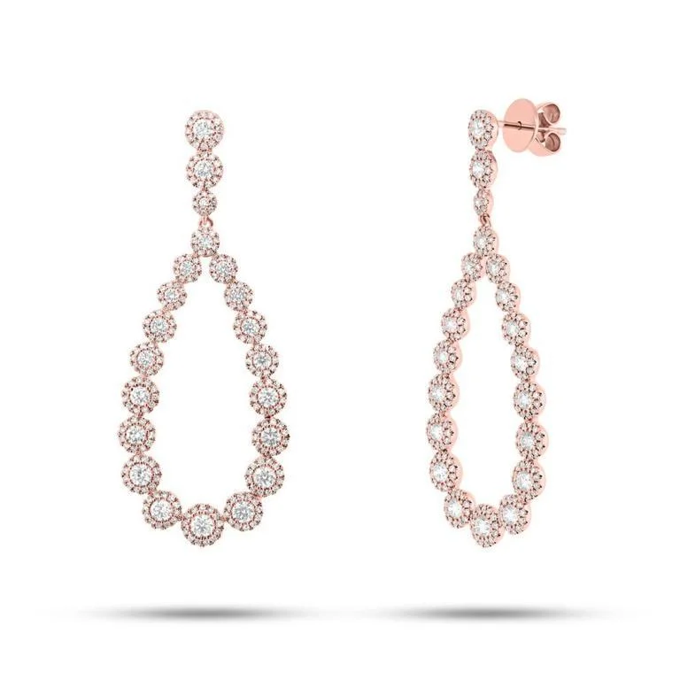 Modern Geometric Earrings-14K Rose Gold Diamond Halo Pear Drop Earrings