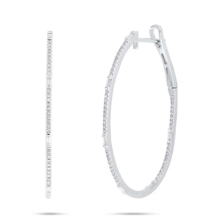 Cute Stud Earrings For Kids-14K White Gold Round and Baguette Diamond Oval Hoop Earrings