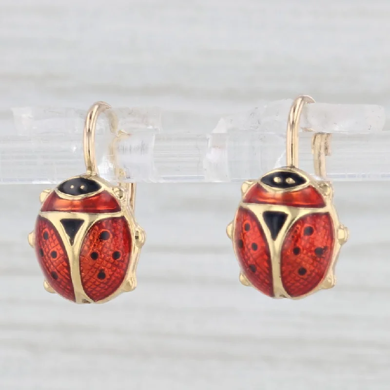 Personalized Earrings For One-of-a-Kind Gifts-Ladybug Drop Earrings 14k Yellow Gold Enamel