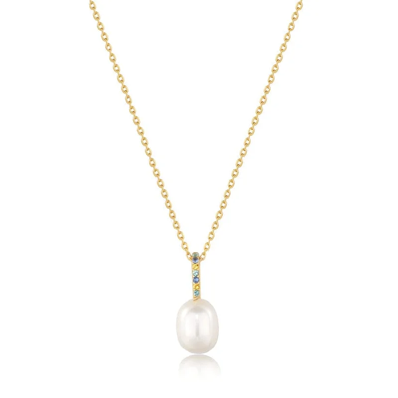 Personalized Crystal Bar Necklaces For Special Occasions-Gold Gem Pearl Drop Pendant Necklace