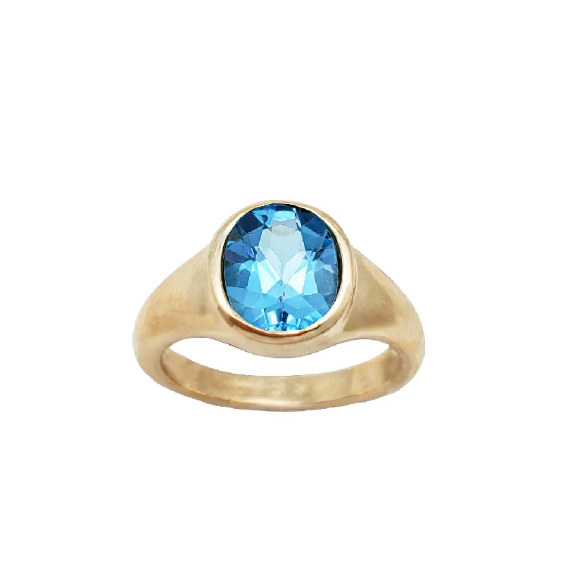 Engagement Rings For Women-Round Signet Ring Blue Topaz Ring (14K)