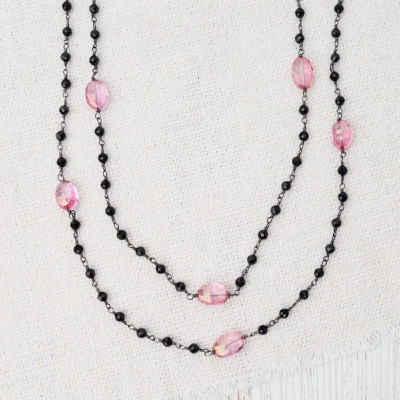 Colorful Stone Necklaces For Vibrant Fashion-42" Oxidized Silver Pink Quartz Bead Chain Necklace