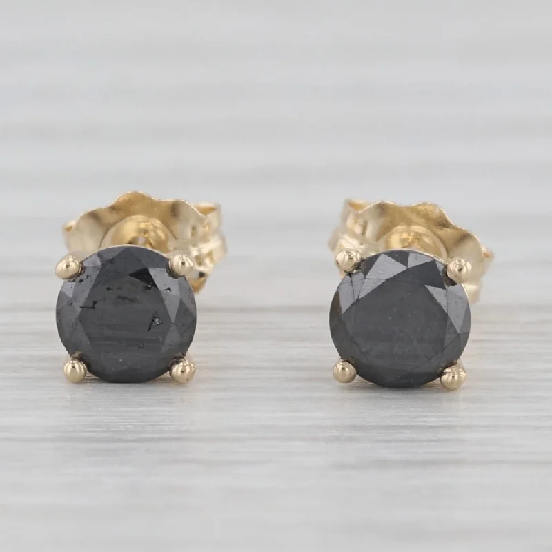 Gold Earrings For Bold Fashion Statements-New 0.82ctw Black Diamond Stud Earrings 14k Yellow Gold Round Solitaires