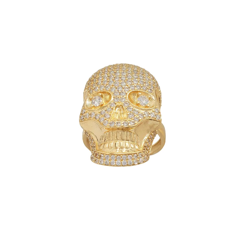 Elegant Gold Cocktail Rings For Evening Wear-Iced-Out Skull Head Ring (14K)