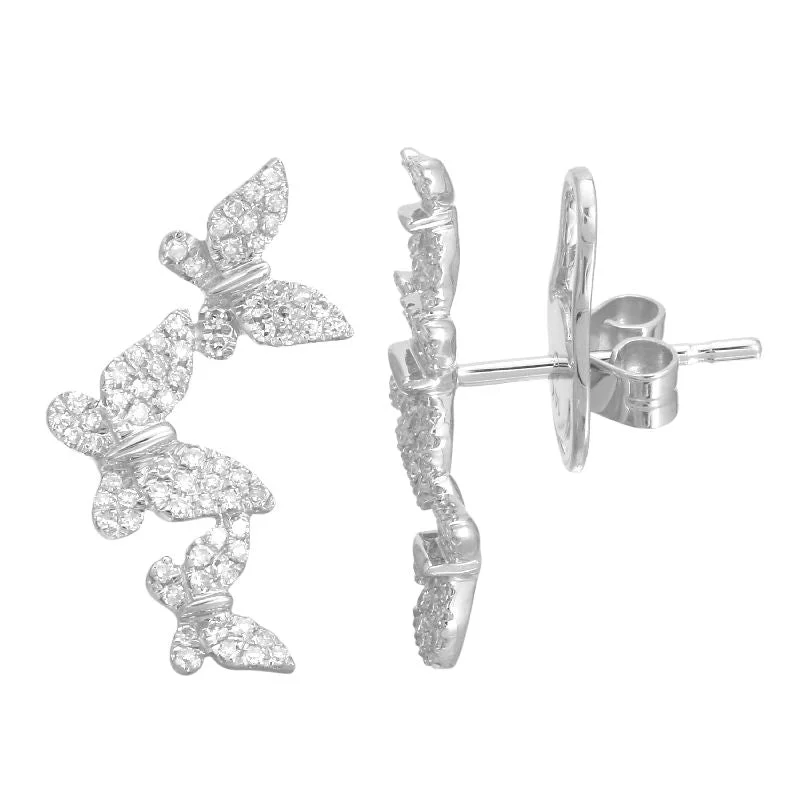 Vintage Pearl Earrings For Timeless Elegance-14K White Gold Triple Butterfly Diamond Earrings