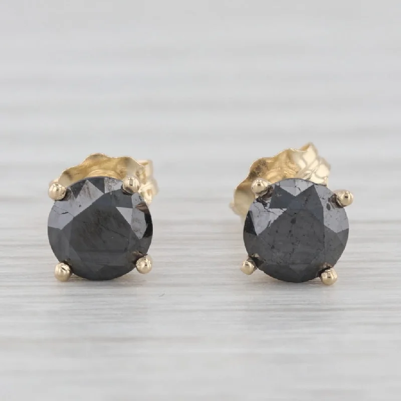 Simple Silver Stud Earrings For Casual Wear-New 1.31ctw Black Diamond Stud Earrings 14k Yellow Gold Round Solitaires