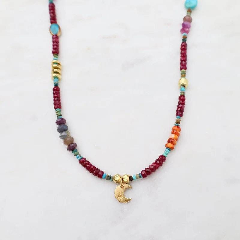 Trendy Crystal Necklaces For Casual Wear-Circus Train with Ruby & Crescent Moon Necklace