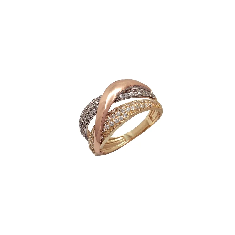 Fashionable Wedding Rings For Trendy Couples-Zirconia Tricolor Interlocked Ring (14K)