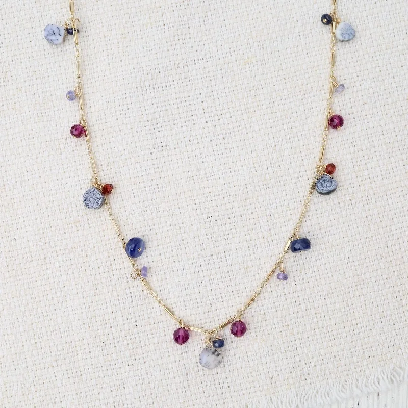 Sparkling Choker Necklaces For Special Occasions-Dendritic Opal, Garnet, Sapphire Mix Long Necklace