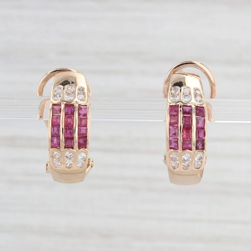 Silver Earrings With Rose Gold Accents-1.40ctw Ruby Diamond J-Hook Earrings 14k Yellow Gold Omega Backs