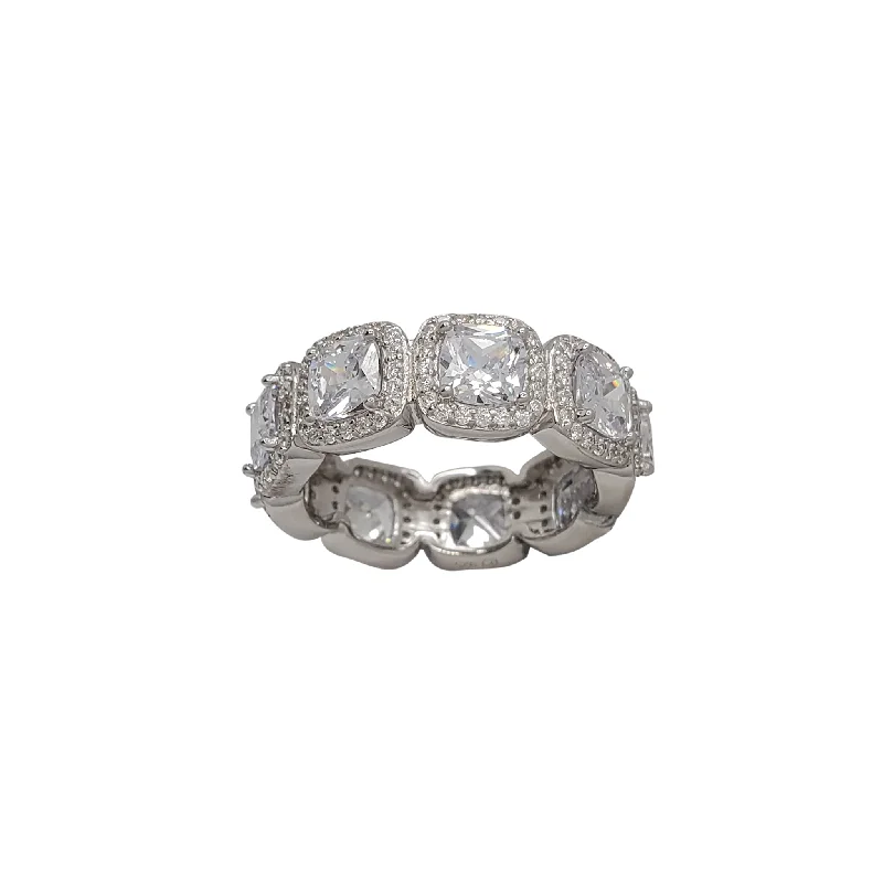 Vintage Wedding Rings For Non-Traditional Brides-Zirconia Halo Cushion Shape Eternity Band Ring (Silver)