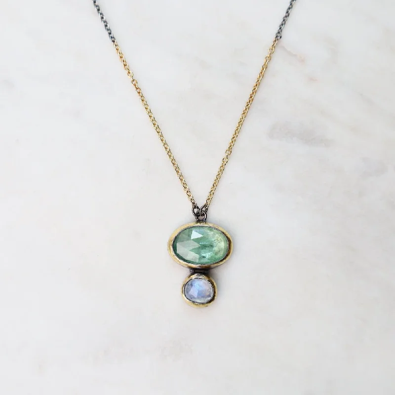 Custom Sterling Silver Necklaces For Bridal Jewelry-Green Kyanite & Moonstone Double Rim Necklace