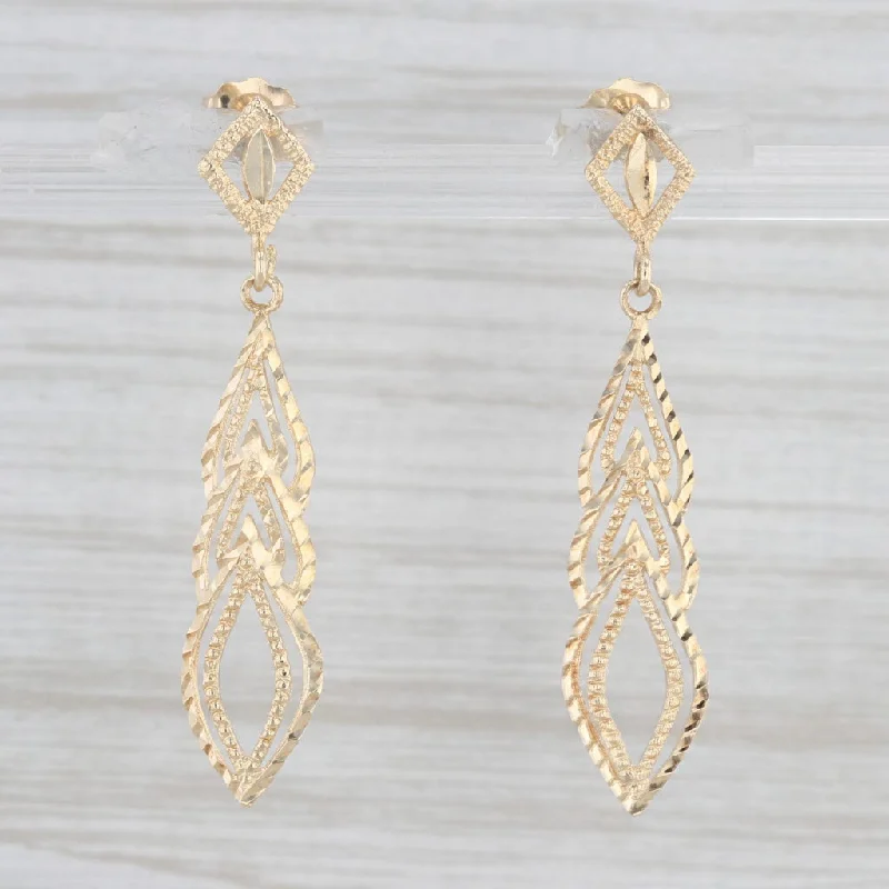 Trendy Dangle Earrings For Casual Look-Ornate Style Etched Dangle Earrings 14k Yellow Gold Pierced Drops