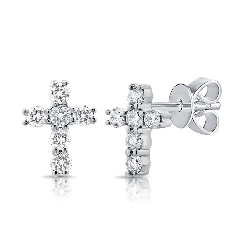 Elegant Drop Earrings For Weddings-14K White Gold Diamond Cross Earrings